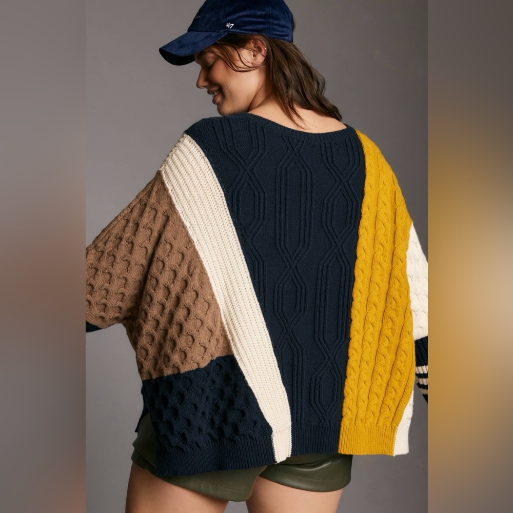 Anthropologie Maeve Colorblock Cable Sweater Navy Yellow - Picture 2 of 10